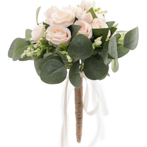 Bouquet de mariée champêtre en rose champagne, bouquet de main artificiel pour la mariée, idéal pour un mariage champêtre en extérieur. (1/2)