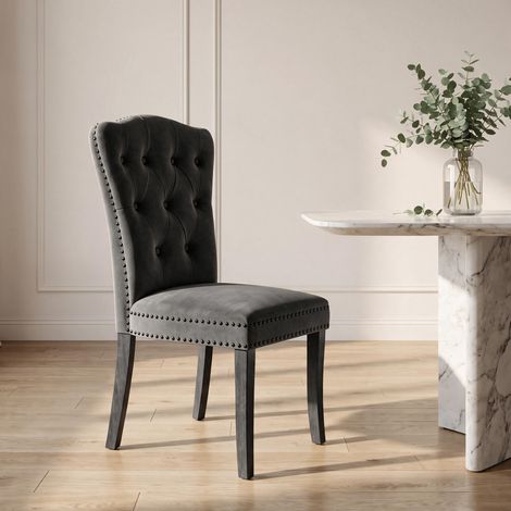 Chaise vintage en velours gris - Chaises desalle à manger - rembourrée - capitonnée - style français (1/5)