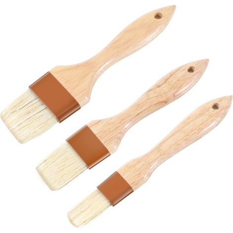 Lot de 3 pinceaux à pâtisserie, pinceaux à badigeonner pour la cuisson des aliments, résistants aux hautes températures, poils naturels, pinceau à beurre avec poignée en bois, facile à nettoyer