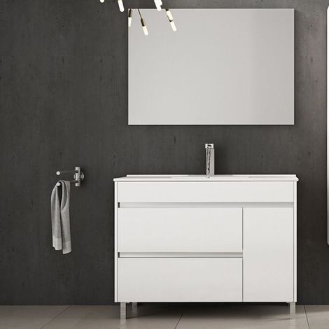 Mueble de baño Caprera 3 piezas – mueble, lavabo + espejo. Se envía montado 90CM seno desplazado a izquierda Blanco brillo