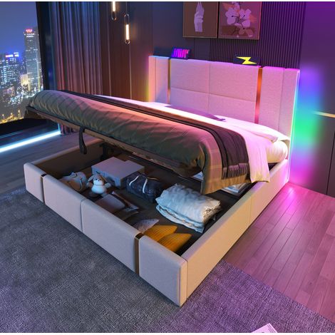 Letto contenitore imbottito in lino beige 180x200 cm con LED RGB, USB e Type-C, rete a doghe inclusa (1/5)