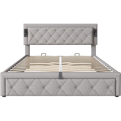 Letto imbottito con contenitore 160x200 grigio in lino, LED, USB e rete in legno HOMVRA (1/5)