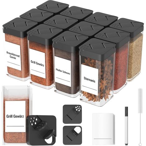 Pot a Epices, Bocaux à Épices12 Pièces, Plastique Robuste Pot à Épices Sceller Avec Couvercle, 120ml Boite à Épices Cuisine Rangement Avec 36 Étiquettes Epices, Brosse, Stylo (1/5)