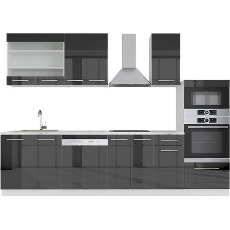 Mueble de cocina Fame-Line, Antracita brillo intenso/blanco, 300 cm con armario alto, ET Mármol, Vicco
