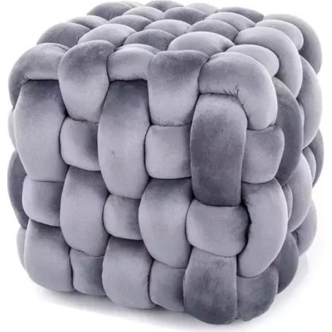 Pouf tressé gris en velours doux avec structure carrée et look moderne ECLIPSER