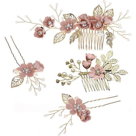 Ensemble de 4 peignes à cheveux faits main pour mariage, ornements floraux, accessoires de coiffure et strass pour robe de mariée (rose)-Pink (1/2)