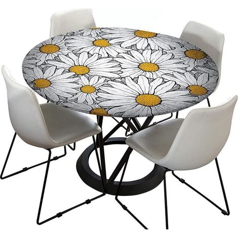 Nappe lavable ronde 90cm avec imprimé marguerites, élastique, pour jardin & extérieur