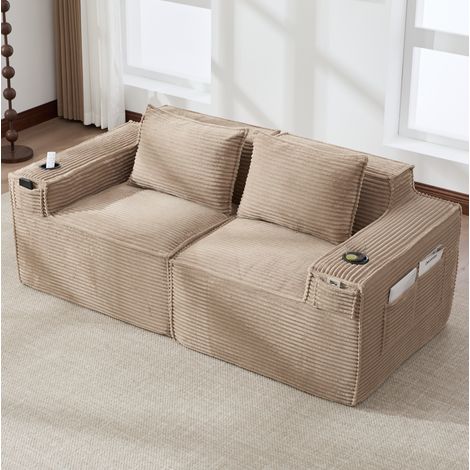 Canapé modulaire 2 places 188x90x75 cm kaki en velours côtelé avec porte-gobelets et poches (1/5)
