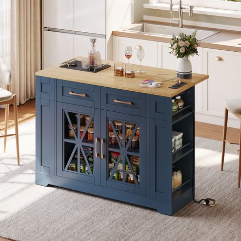 Modernluxe - Îlot central de cuisine mobile à plateau extensible avec USB, 2 tiroirs et 2 portes, MDF - bleu (1/5)