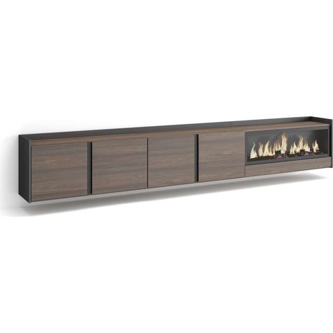 Mueble TV Álora-02 de 315x50x35 cm con chimenea y luces LED, suspendido, color roble oscuro y negro (1/4)