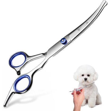 Ciseaux pour chiens, en acier inoxydable, sûrs, à bouts arrondis, ciseaux courbés, ciseaux professionnels pour tailler les poils du visage, des pattes et de la queue., Bleu (1/5)