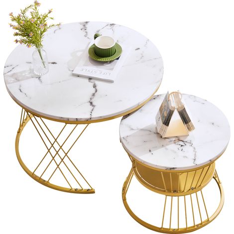 Couchtische Gigognes Rund, Set 2 mit Metallgestell Gold, Hochglanz Marmormuster, aus MDF, Weiß, 70×70×47 cm (1/5)