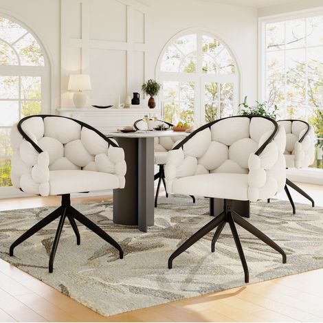 Sedia girevole 360° in velluto beige, 45 x 44 x 77,5 cm, con schienale e struttura in metallo (1/5)