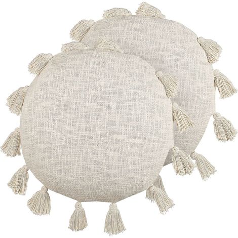 Set di 2 cuscini decorativi rotondi cotone cuscini beige nappe 45 cm Madia