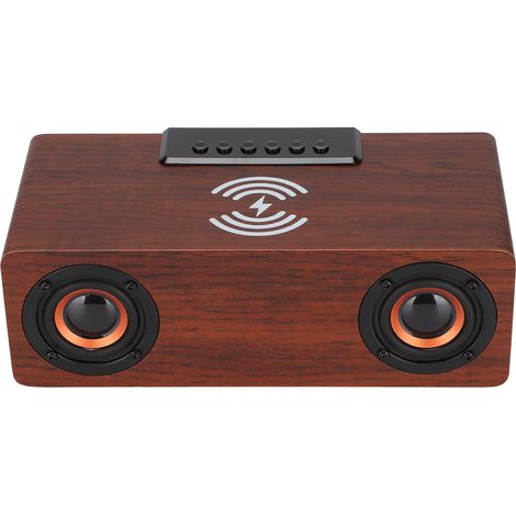 10-Watt-Bluetooth-Lautsprecher mit kabellosem Ladegerät, Retro-Holzwecker, kompatibel mit Handys und Tablets, dunkelbraune Holzoberfläche. (1/5)