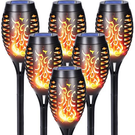 Lot de 6 lampes solaires d'extérieur 12 LED avec effet flamme réaliste Étanchéité IP65 Torches solaires pour la décoration des jardins, allées, arrière cours, pelouses et balcons (1/5)