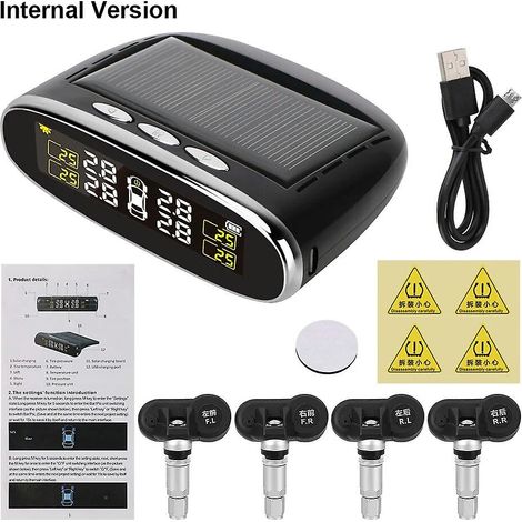 Système de surveillance de la pression des pneus de voiture avec alarme et capteur intérieur, alimentation solaire, TPMS, chargement solaire USB et alerte de température avec 4 capteurs internes/exter (1/5)