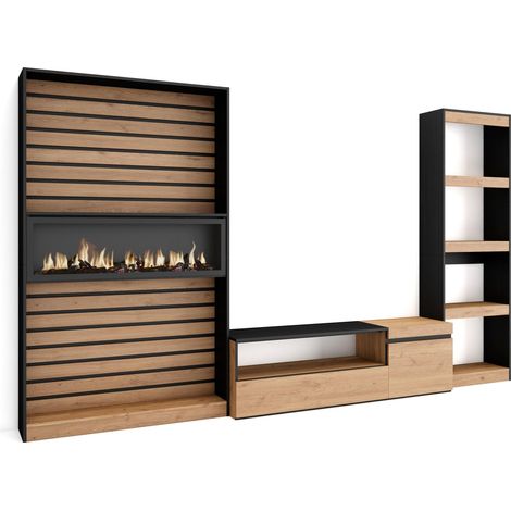 Skraut Home - Wohnwand Wohnzimmer, Wohnzimmermöbel, Möbelset, 320x186x35cm, Elektrokamin. Maße, Moderner Stil, Eiche Schwarz (1/5)