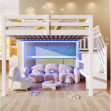 Lit superposé 140/200 cm blanc avec LED, escalier de rangement et grand espace inférieur (1/5)