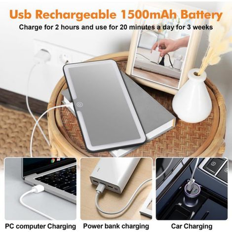 Miroir courtoisie voiture - 1 pièce, noir 3 modes LED rechargeable - Pour pare-soleil Cuneary (1/5)