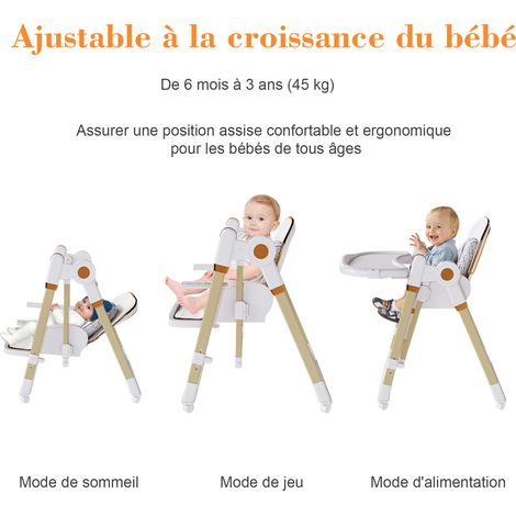 Chaise haute bébé 2-en-1 avec fonction berceuse, harnais de sécurité 5 points, roulettes blocables, plateau amovible, pliable et réglable en hauteur, blanc (1/5)