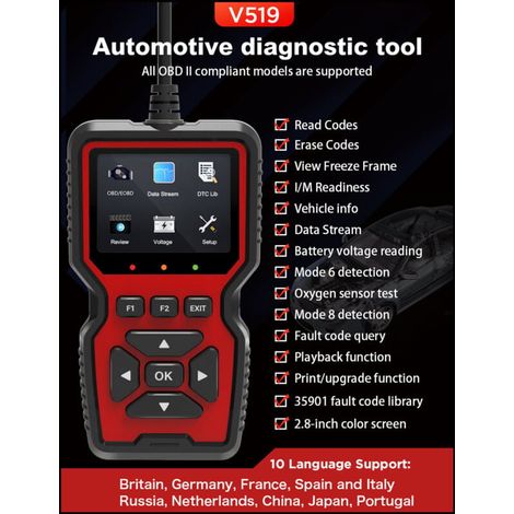 Escáner OBD2 V519 Pro - Compatible con todos los vehículos desde 1996 - Función de impresión incluida - Diagnóstico completo del motor