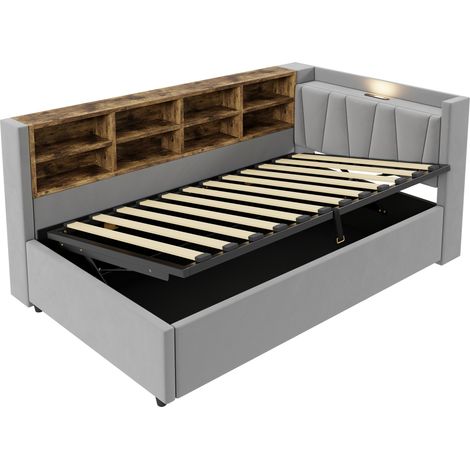 CAIziCanapé-lit 90x200 velours gris, rangement, USB, LED, coffre (1/5)
