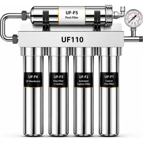 VIESTA® UF110 Filtro Acqua Ultrafiltrazione, 5 Stadi 0,01 µm Membrana Fibra Cava Acciaio Inox 304, Sotto Lavello senza Corrente né Scarico, riduce batteri cloro calcare, manometro e rubinetto extra (1/5)