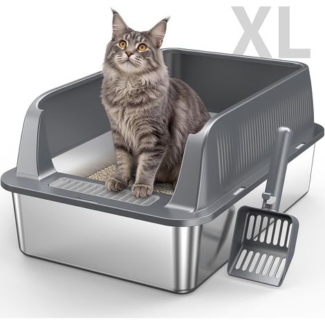 Stainless Steel Open Litter Tray, Large Metal Litter Tray with High Edges for Large Cats, Deep Bowl Removable Easy Clean, Non-Stick, Odourless, 1 Piece, Dark Grey (1/5)