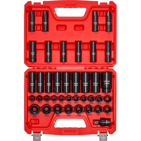 VEVOR Coffret de Douilles a Chocs 39PCs a Entrainement de 12,7 mm, Kit de Douilles Profondes et Courtes a 6 Pans, Metriques 9-30 mm, en Acier Cr-V, Double Marquage de Taille, pour Entretien Automobile