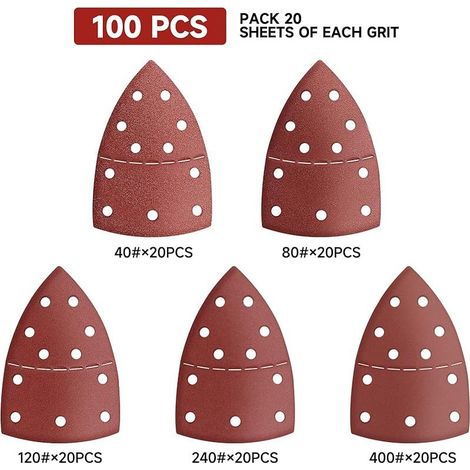 100 Pièces Papier Abrasif pour Ponceuse Triangles de ponçage 11 Trous pour ponceuse multi 40/80/120/240/400 Grain pour Ponçage et Polissage (1/4)