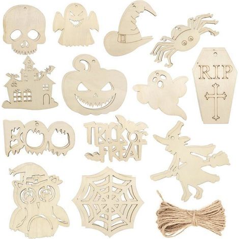 Décorations suspendues en bois brut pour Halloween - WINLLINEE - Lot de 26 pièces - 13 motifs différents (1/5)