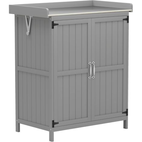 Casetta da giardino, ripostiglio per attrezzi da esterno, con piano di lavoro, in legno e acciaio inox, doppie porte, colore grigio, in loco. (1/5)