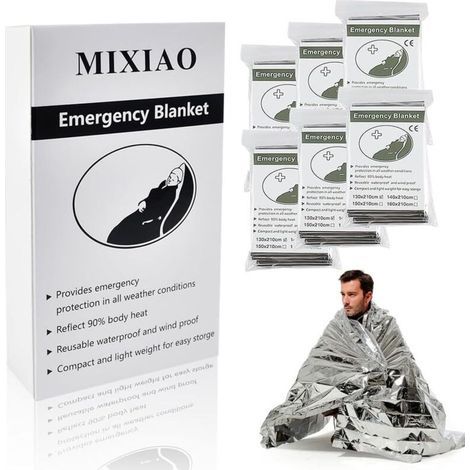 Couverture de survie en aluminium (lot de 6), idéale pour les activités de plein air, la randonnée, la survie, les marathons ou les premiers secours (argenté, lot de 6)