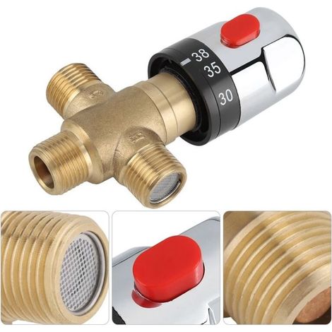 Vanne Mélangeur Eau Chaude Froide Robinet mitigeur thermostatique en laiton solide Robinet température fixe pour lavabo Cuisine Salle de bain Toilette G1/2 35-45℃ 15mm (1/4)