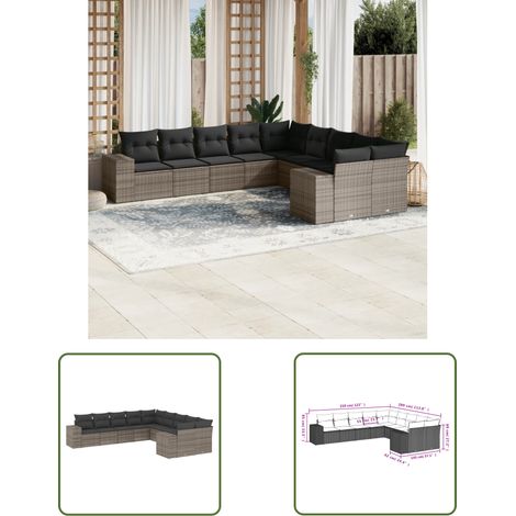 The Living Store 10-tlg. Garten-Sofagarnitur mit Kissen Grau Poly Rattan - Gartensorte - Gartenmöbelset - PE-Rattan Möbel - Outdoor Lounge Set - Balkonmöbel (1/2)