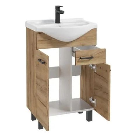 Meuble sous-vasque avec vasque céramique 55 cm – Chêne massif – Dimensions compactes – 1 tiroir et 2 étagères (1/4)
