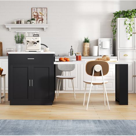 Isla de cocina 211/55/89,5 cm en negro con mesa extensible, enchufes y almacenaje (1/5)