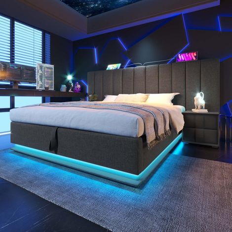 Letto matrimoniale imbottito 180 x 200 con LED app control e ricarica USB-C, lino, grigio, senza testata (1/5)