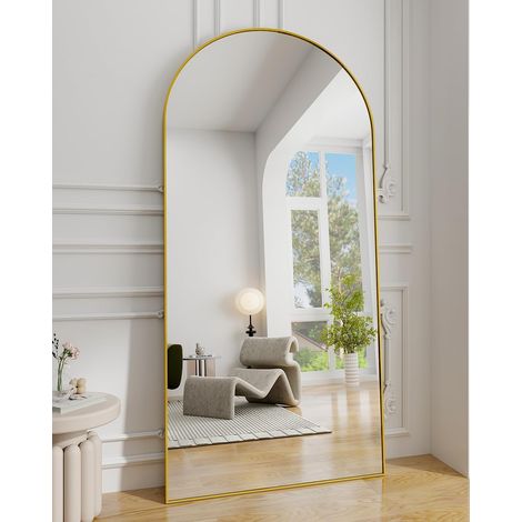 Koonmi Miroir sur pied avec haut bombé, 180 x 76 cm Miroir bombé en verre robuste, miroir mural pour tout le corps, à poser sur le mur ou à placer librement avec des soutiens, Or
