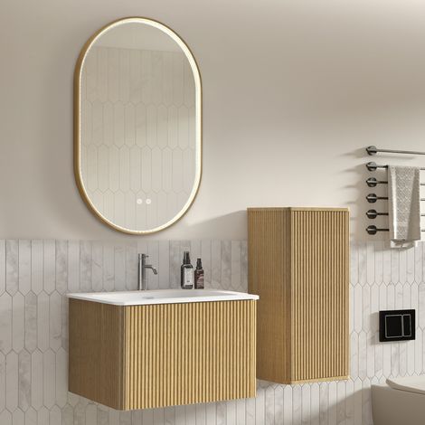 Ensemble de meubles de salle de bains avec lavabo, meuble sous-vasque et miroir LED, lavabo suspendu de 60 cm de large avec meuble vasque, meuble de rangement, miroir ovale avec cadre doré, coloris ch (1/5)