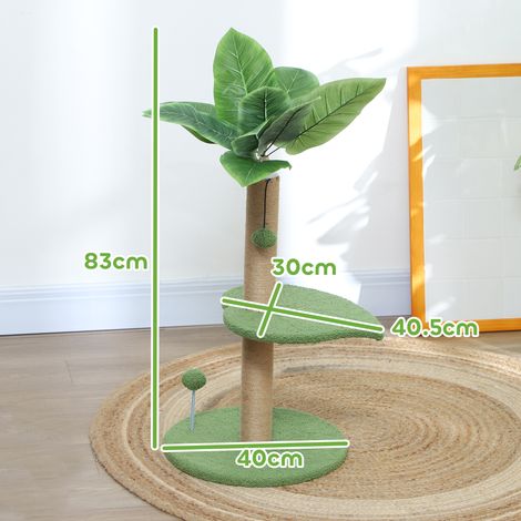 Arbre à chat avec griffoir, plateforme et griffoir à balles, en peluche et aggloméré, 40 cm de diamètre x 83 cm de hauteur, vert. (1/5)