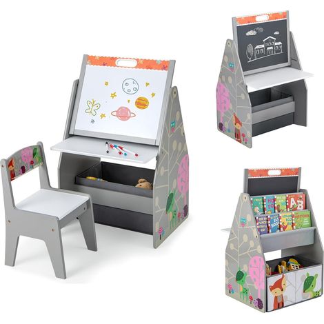 GOPLUS 4 en 1 Tableau Enfant avec Chaise-Table Enfant avec Bibliothèque avec Tableau Magnétique Double Face Blanc Noir Gris (1/5)