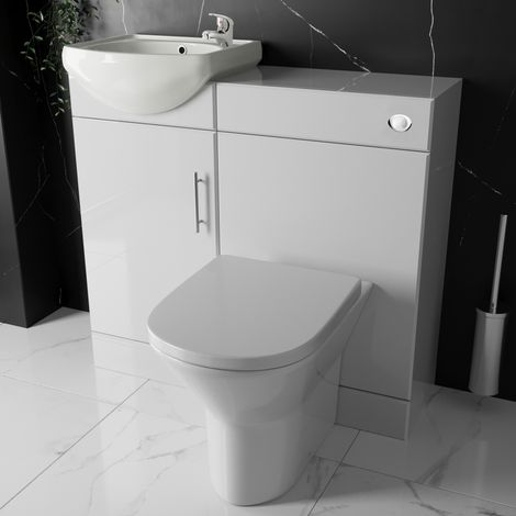 Bathroom Furniture Suite Cloakroom Vanity Unit Basin Sink and Back to Wall Toilet WC with Cistern, Plate, Tap, Waste - 900mm