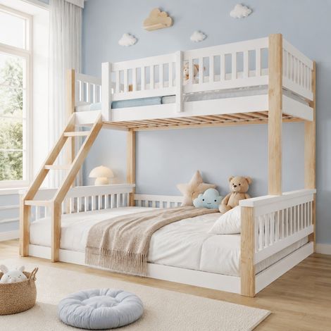 Letto a castello, 90x200cm+140x200cm, Scala, Barriera del letto, Stile semplice, Senza materasso, Bianco + Naturale (1/5)