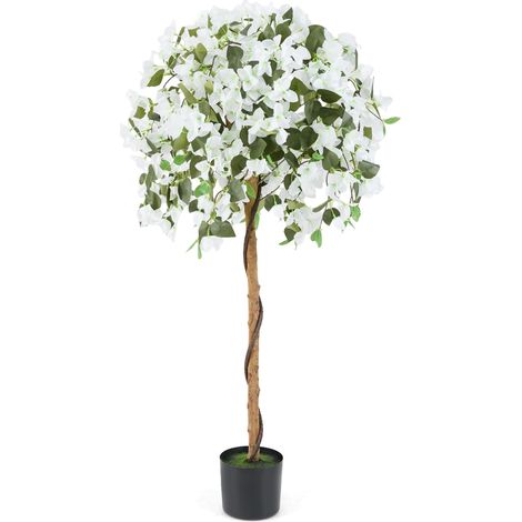 COSTWAY 130cm Artificial Azalea Tree Faux Silk Floral Tree in Pot-White (1/5)
