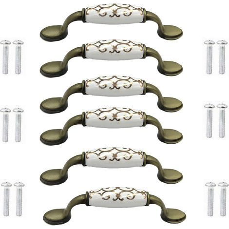 (6 Stück) Türknöpfe aus Keramik mit Bronzelegierung für Schränke, Schränke, Kleiderschränke, Bronzegriff im chinesischen Stil