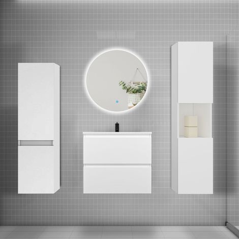 Ensemble meuble blanc et lavabo L.60cm 2 tiroirs + colonne2 haut + lavabo + miroir 60x60cm-suspendu