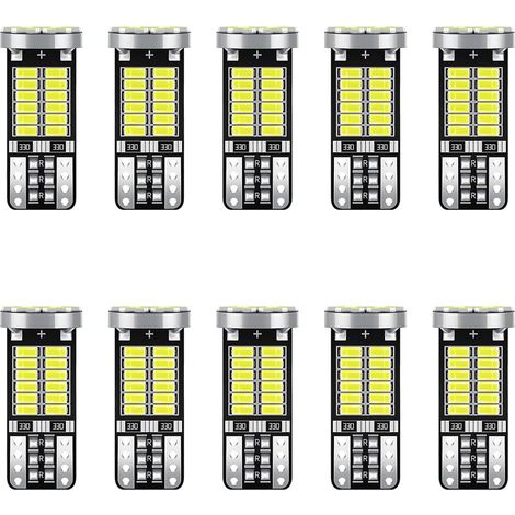 Ampoules T10 LED,6500K 300LM 2W 12V,34 SMD 3014,Ampoules Pas De Polarité Conçu W5W Wedge pour Éclairage Intérieur Voiture, Plafonnier,Feux de Plaque, Tableau de Bord,10pcs(Blanc)