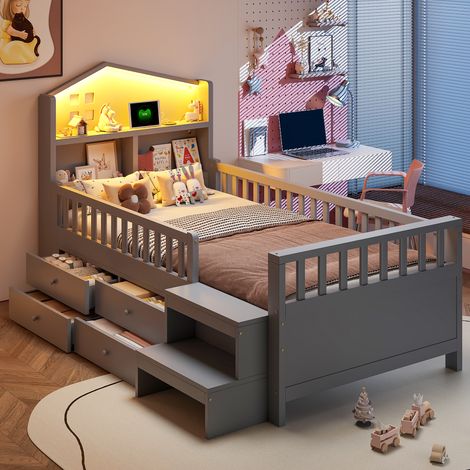Lit enfant 90x200 cm - 4 tiroirs - Avec marches - Avec LED - Avec port de charge USB + Type-C - Gris (matelas non inclus)